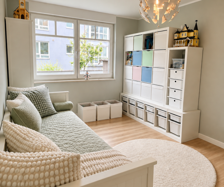 Chill- und Spielzimmer Heller Raum mit Sofa, Kissen und gemütlicher Sitzecke zum Entspannen