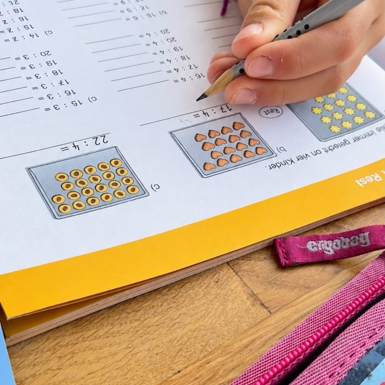 Begleitete Hausaufgabenzeit Kinderhände arbeiten an einem Schulheft auf einem Tisch mit Stiften