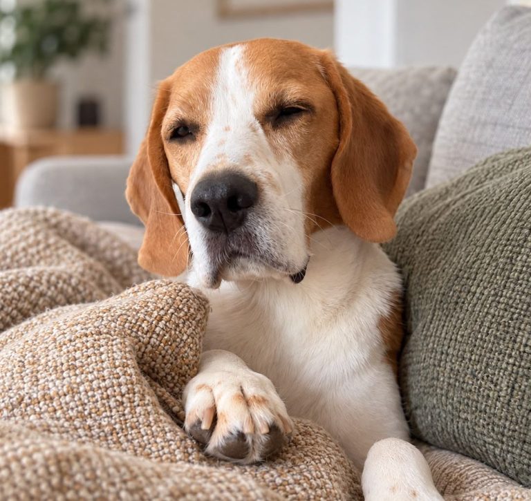 Beagle Henry auf dem Sofa Beagle Henry sitzt entspannt auf einem Sofa im Wohnzimmer.
