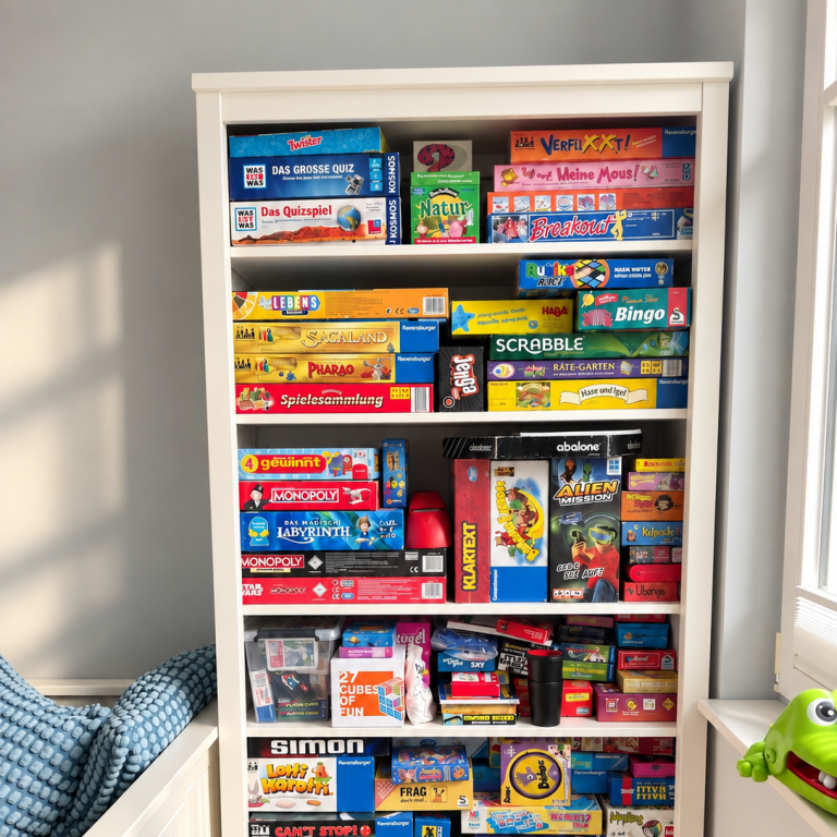 Spielmaterialien und Fantasie Regal mit bunten Büchern, Spielen und Materialien für Kinder